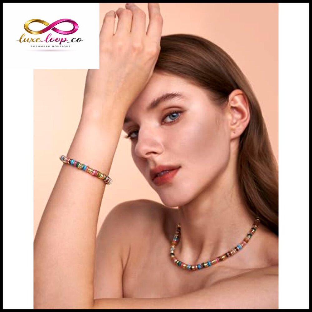 Stackable Bangle Bracelets Gold Plated Beaded Sto… - image 2